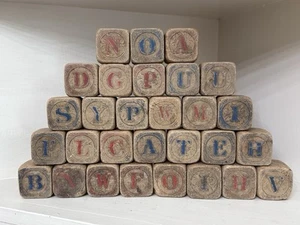 Antique Wooden Embossed Alphabet Toys Blocks Set Of 29 Double Sided Worn - Picture 1 of 2
