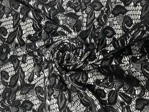 Black Lace Print Jersey Knit Fabric – Textured, Stretch, Non-Sheer 148cm - Picture 1 of 5
