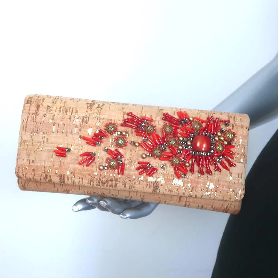 Bolsa de ombro pequena Oscar de la Renta cortiça metálica com miçangas alça corrente - Imagem 1 de 4