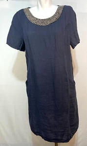 Navy Blue Linen Women Dress Summer XL Lina Tomei Italy 2 pockets Beaded New NWT - Picture 1 of 11