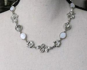  White House Black Market Mother Of Pearl / Clear Rhineston Floral Necklace  - Picture 1 of 7