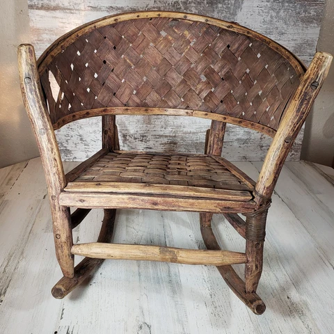 Vintage Wood Rocking Chair For Small Child Or Dolls. Wood Slats Braided  XXX Cover