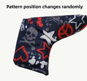 Blade Putter Head Cover, Black w/White/Red/Gray Star,  Love, Peace Hoop/Loop - Picture 1 of 4