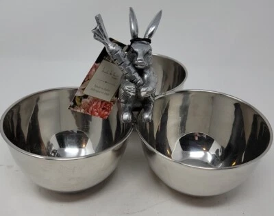 Nicole Miller Home Silver Round Nuts Bowls w/Bunny Holding Carrot Made In India - Image 1 of 4
