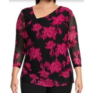 NEW Plus Size 2X Calvin Klein Floral Mesh Asymmetric VNeck 3/4 Sleeve Ruched Top - Picture 1 of 11