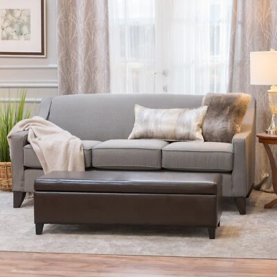 Banco otomano de almacenamiento de cuero marrón Stratford Foto 1 de 4