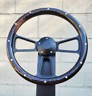 14" Black Billet Steering Wheel Dark Burnt Flame Pine Wood Real Aluminum Rivets