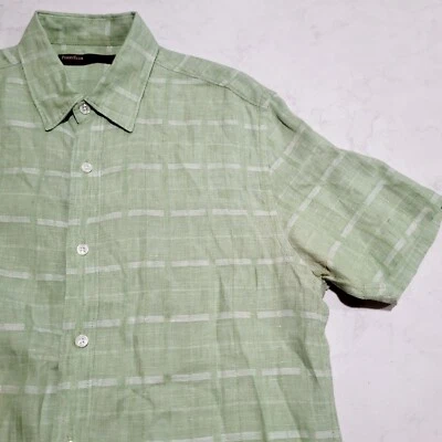 Perry Ellis Linen Blend Shirt Mens Medium Green Plaid Short Sleeve EUC - Image 1 of 4
