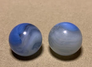 2 Vtg Vitro Agate Tri Lite Blue & White Phantom Conqueror Marbles 0.646” - Picture 1 of 12