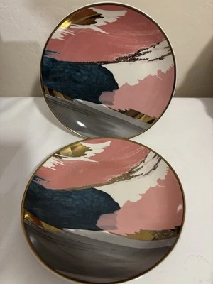 West Elm Brushstroke Abstract Salad Luncheon Plate 9” Round Pink Grey Set Of 2 - Image 1 of 4