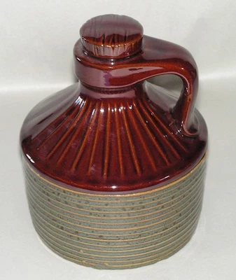 Whiskey Jug Shaped Stoneware Pottery Cannister - Brown / Green - Two Piece - Image 1 of 4