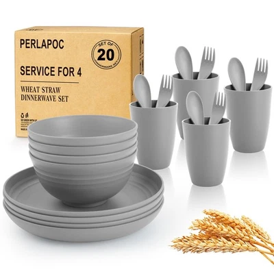 Dinnerware Sets 20 PCS, Wheat Straw Plates and Bowls Sets Service for 4, Micr... - Image 1 of 4