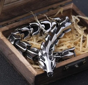 Men's Dragon Viking Punk Biker Heavy Clasp Cuff Bracelet - Picture 1 of 6
