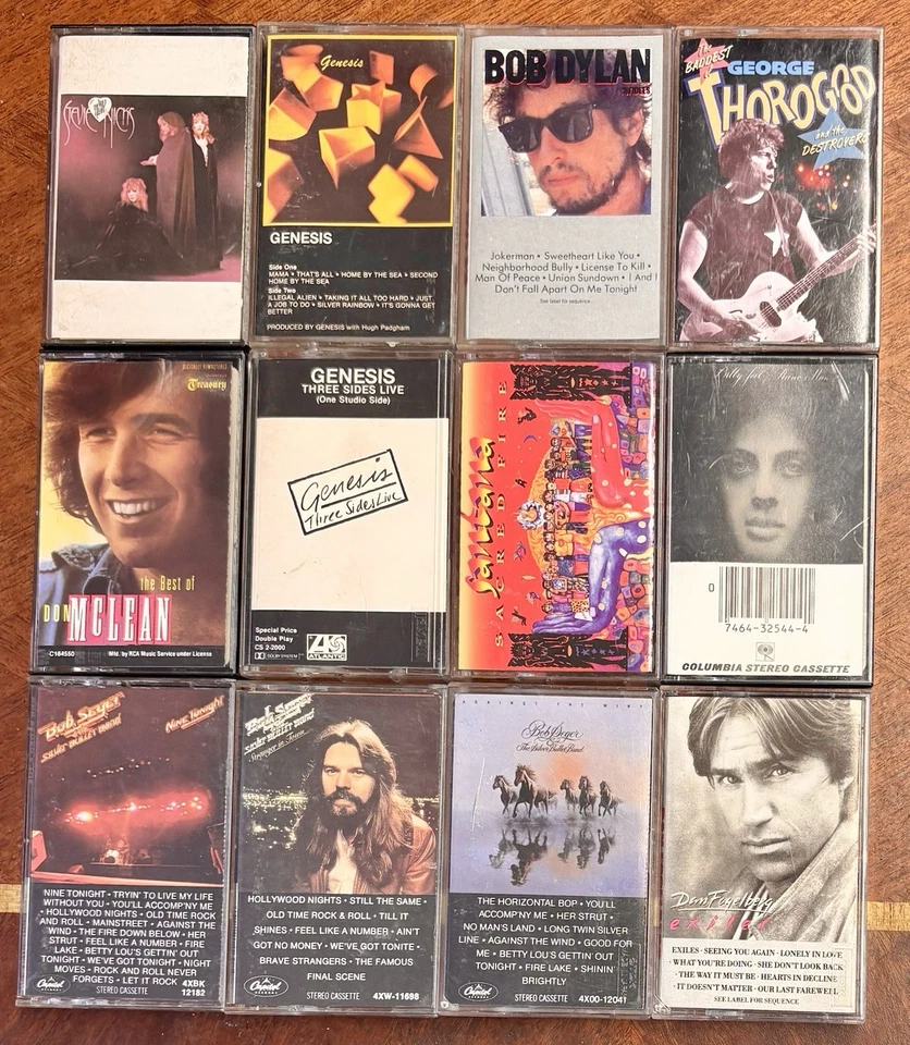 12 Classic Rock Cassettes, Used, Genesis, Bob Seger, Stevie Nicks, Bob Dylan,  - Image 1 of 1