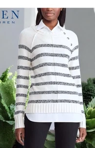 Lauren Ralph Lauren creme gestreifter adretter Strickpullover Rundhalsausschnitt Baumwolle Bld Lg - Bild 1 von 11