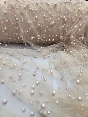 Champagne Beige Beaded Lace Fabric Sold by the Yard Pearls Lace For Veil Dress  - Image 1 of 4