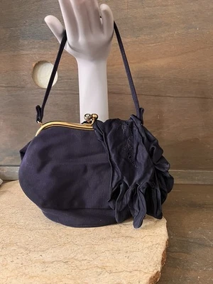 Clutch & Matching Gloves Size M Vintage Rare 40's/50's Fabric NAVY BLUE PURSE - Image 1 of 4
