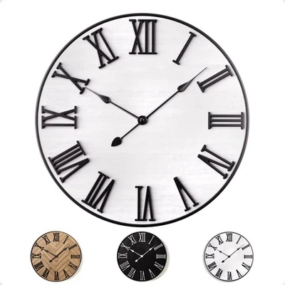 Large Wall Clock 24" Round - Silent Metal & Wood Large Farmhouse Wall Clock F... - Image 1 of 4