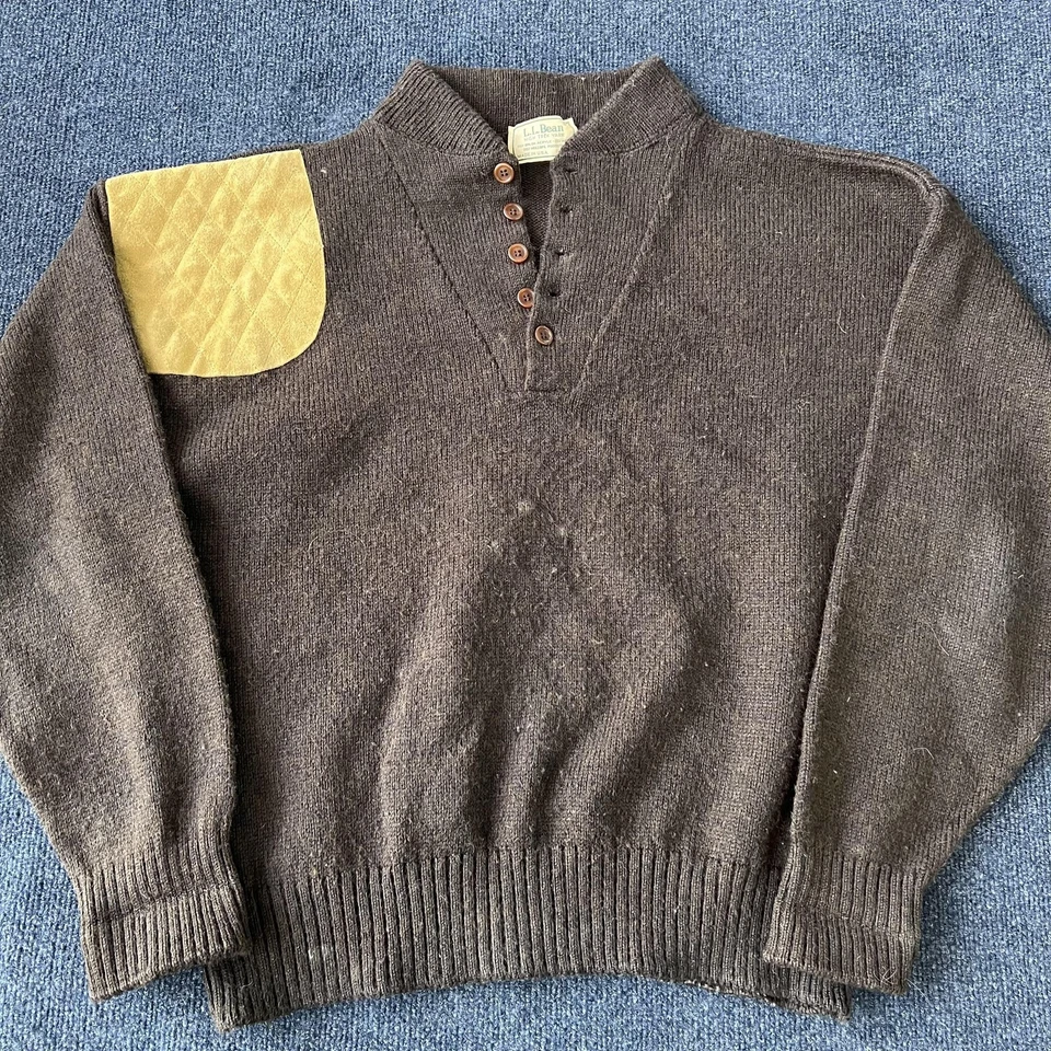 Vintage L.L. Bean Sweater Mens XL Brown Henley Knit Shooting Patch Made USA 90s - Image 1 of 4