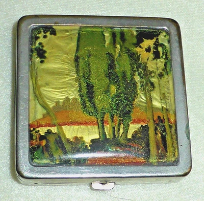 Rare Vintage Silver Tone Square Powder Compact with Foil Landscape Scene 1930's - Image 1 of 4