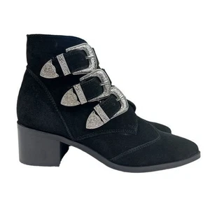 ASOS Boots Womens Size 6 Three Bucke Black Faux Suede Side Zip Ankle Bootie - Picture 1 of 12
