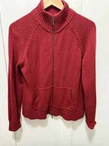 Parche en el codo rojo tallado con volantes tejido acanalado cremallera completa suéter chaqueta brazo cremallera bolsillo talla M - Imagen 1 de 10