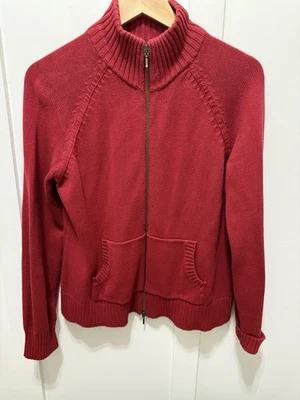 Parche en el codo rojo tallado con volantes tejido acanalado cremallera completa suéter chaqueta brazo cremallera bolsillo talla M Foto 1 de 4