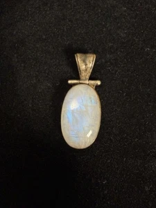 Vintage Sterling Patina Silver 925 Blue Glow Moonstone Oval Pendant 8g - Picture 1 of 6