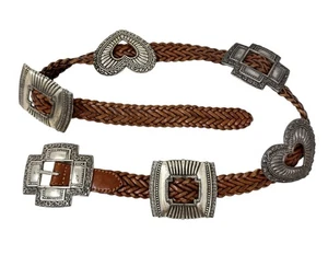 Vintage Brighton silberfarbener Concho geflochtenes Leder Western Boho Y2K Gürtel Gr. M - Bild 1 von 9