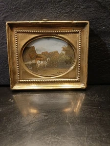 Peinture , Fixé Sous Verre Ancien 19eme Cadre en Laiton , Miniature. - Picture 1 of 6