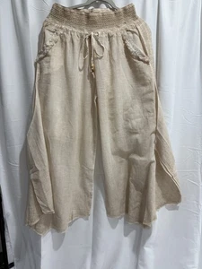 Boho Wide-Leg Cotton Pants with Crochet  Waist – Beige - Picture 1 of 14