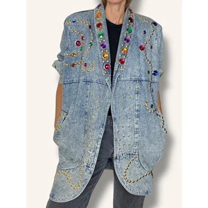 Vintage Acid Wash Denim Jean Stud Embellish Bejewel Rocker Duster 80s Jacket Art - Picture 1 of 14
