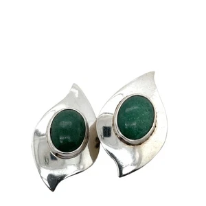 925 Silver Vintage Modernist Earrings Sterling Silver and Malachite Stone - Picture 1 of 3