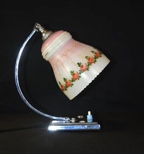 art deco swan neck chrome lamp bellova Emerlite hand painted glass shade C-1930s - Picture 1 of 12