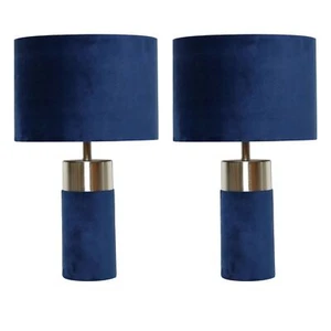 Paar marineblaue Samt Tischlampe Nachttischlampen Retro Velour Design Licht - Bild 1 von 6