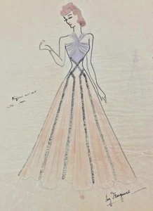HAND PAINTED WATER COLOR FASHION CHIFFON GOWN DRESS W SPARKLES BY MARQUISE - Picture 1 of 4