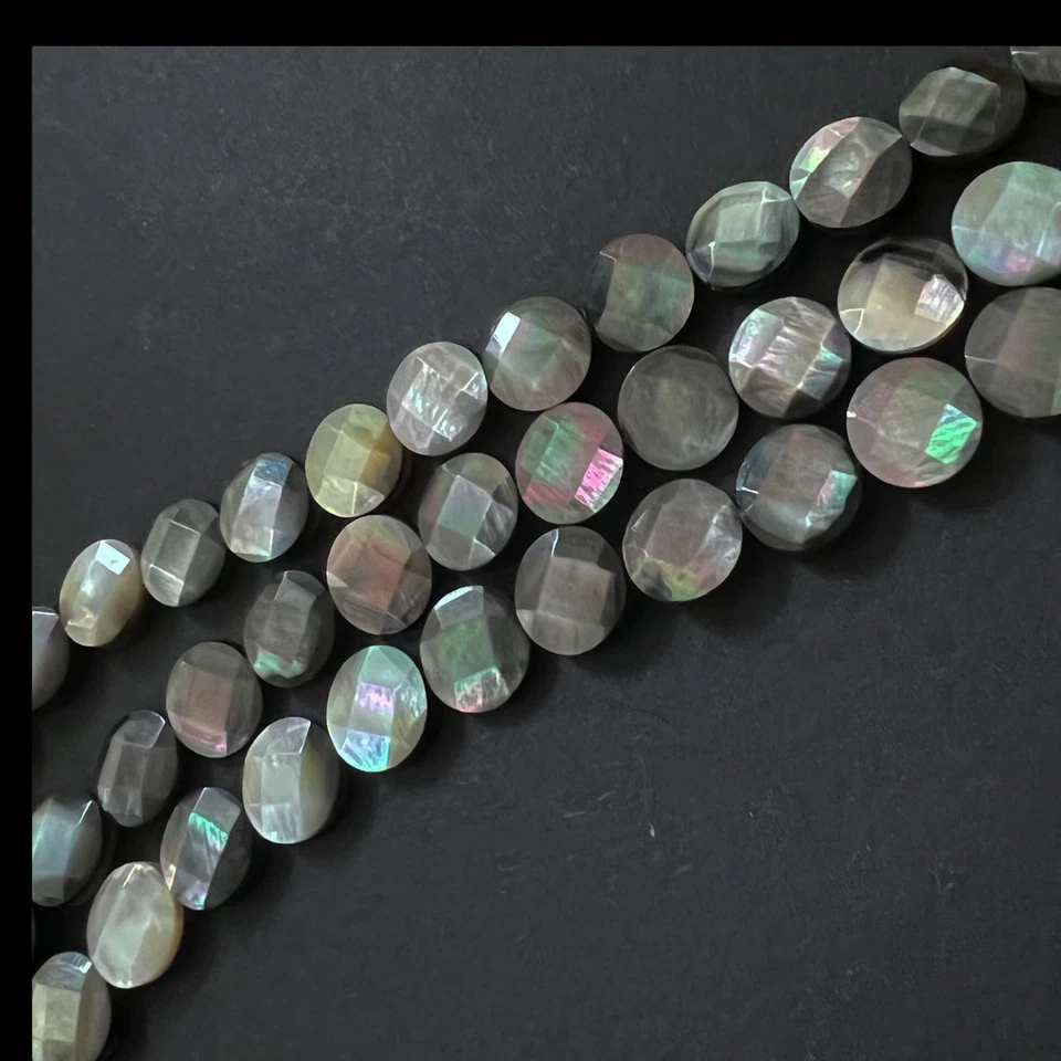 V1-01 - 10 MM SCHWARZER PERLMUTT MÜNZEN STRANG FACETTIERT - Bild 1 von 1