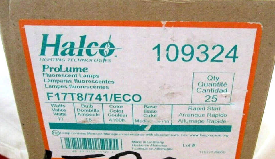HALCO F17T8/741/ ECO 17W Fluorescent Tube Lamp Bulb 4100K 24" 2FT 1 Case Prolume - Image 1 of 4