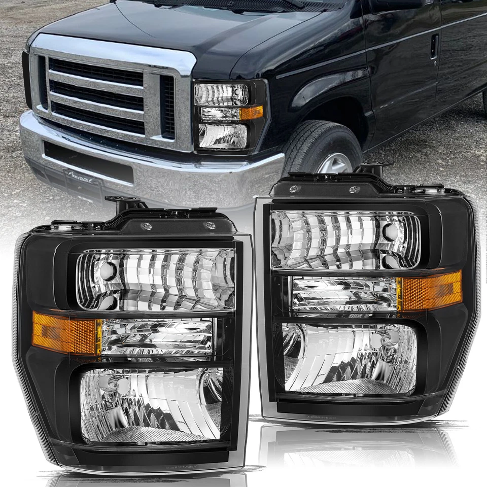 Пара сверхпрочных черных янтарных фар для Ford E150 E250 E350 E450 2008-2014 годов выпуска - Изображение 1 из 4