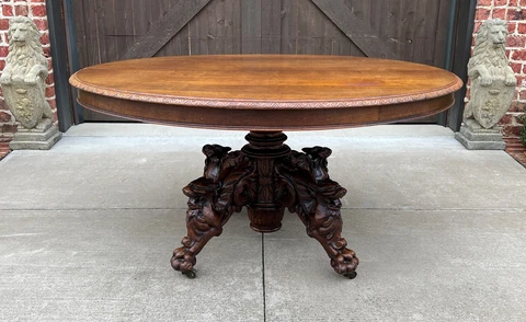 Antique French OVAL Game Dining Table Pedestal BLACK FOREST Hunt Honey Oak 19thC Cover