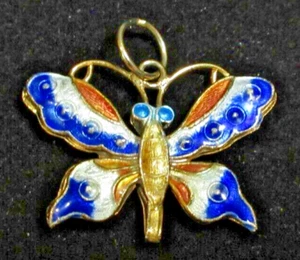 Butterfly Pendant Charm Amber White & Blue Enamel on Gold Tone Metal Reversible - Picture 1 of 3