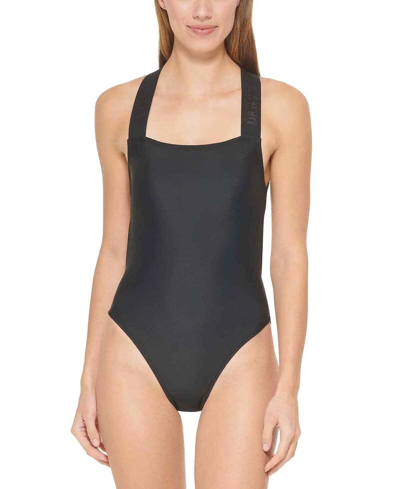 DKNY One Piece Swimsuit Cross Back Logo Black Size Large -