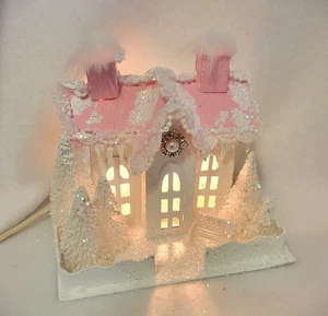 Casa Putz Rosa Nueva Pintada Decorada Única Cartón Navidad Pueblo - Imagen 1 de 9