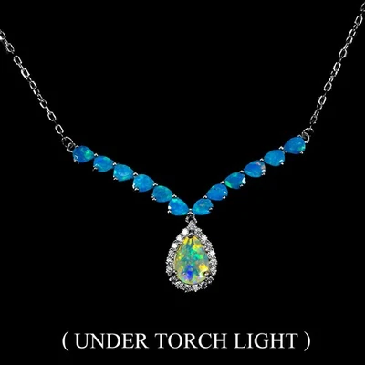 925 Sterling Silver Necklace Pear Fire Opal 9x6mm Blue Opal Gemstone 17.5inches - Image 1 of 4