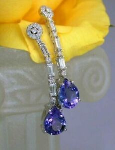 4Ct Oval Lab Created Blue Tanzanite Drop/Dangle Earrings 14K White Gold Plated