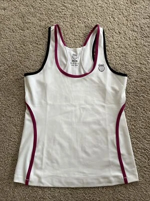 Camiseta sin mangas de tenis K-SWISS Racerback para mujer talla mediana blanca rosa oscuro ribete negro Foto 1 de 4