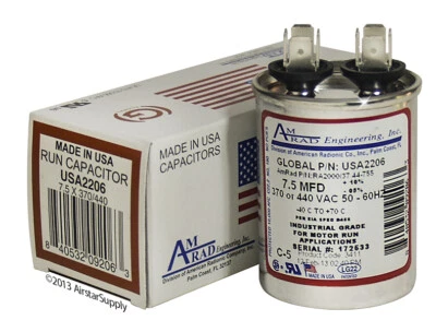 AmRad USA2206 Round Run Capacitor 7.5 uF MFD 370 / 440 Volt Made in USA