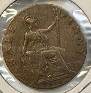 Great Britain 1916 Large One Half 1/2 Penny VF / XF Condition Coin KM# 809 - Picture 1 of 10