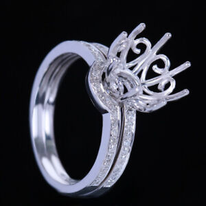 Silver Couple Engagement Wedding Natural SI/H Diamond Semi Mount Wedding Rings 
