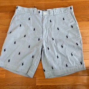 Ralph Lauren Polo shorts blue white striped with polo horses 36" x 9" cotton - Picture 1 of 3